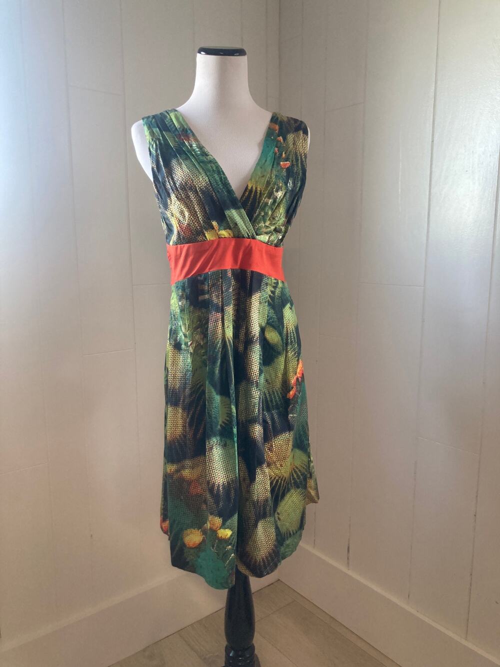 Eva Franco Green & Orange Print Fit & Flare Dress, Size 6